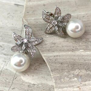 NEW ~ Anthropologie Flower Topped Pearl Lever Back Earrings
